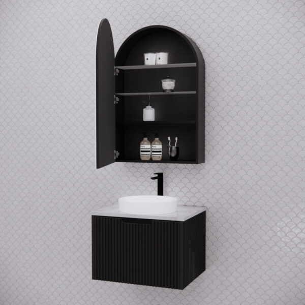 Modern black bathroom vanity with arched mirror cabinet and white basin by Secasa Home