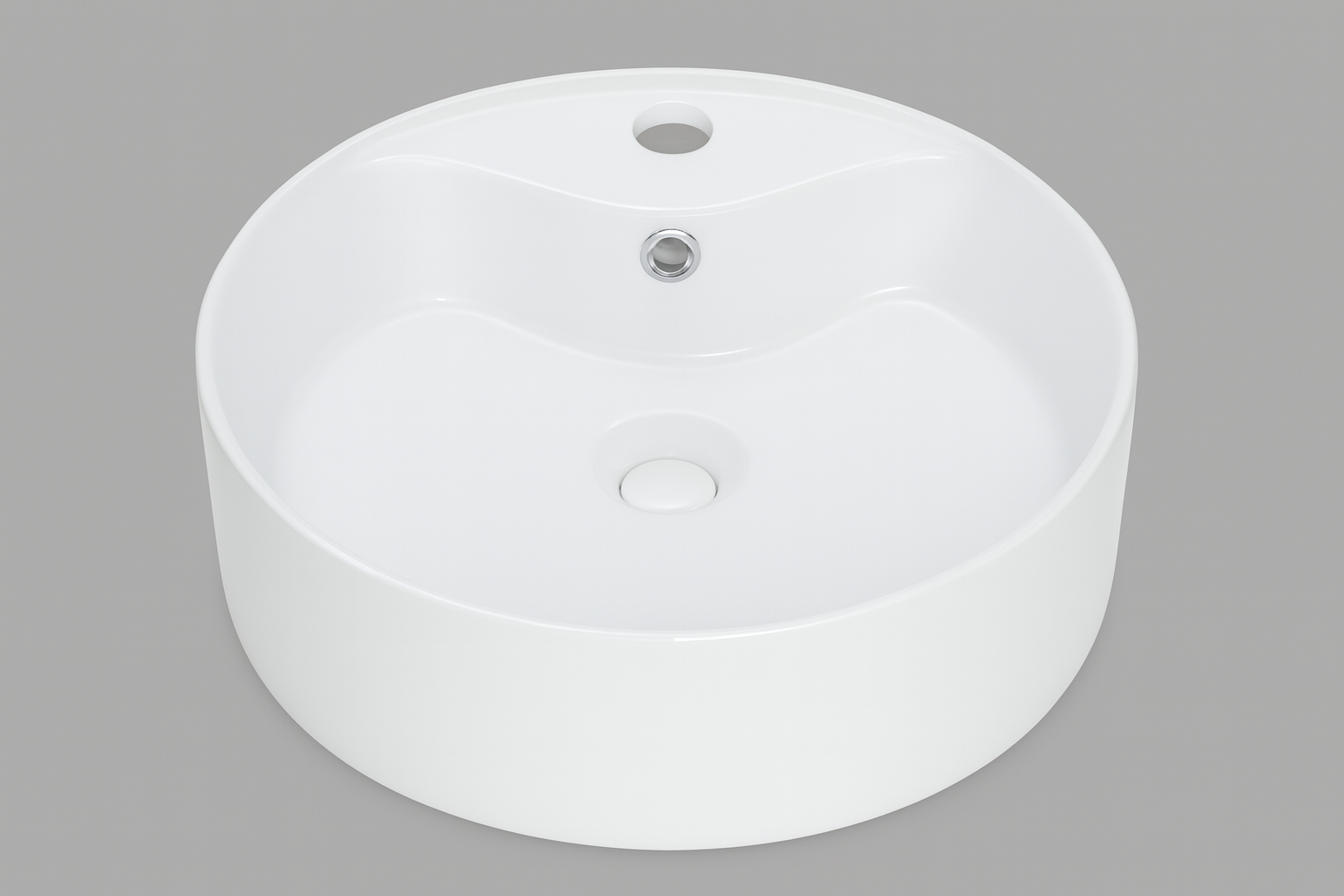 Modern round white bathroom vanity basin with overflow hole, minimalist style