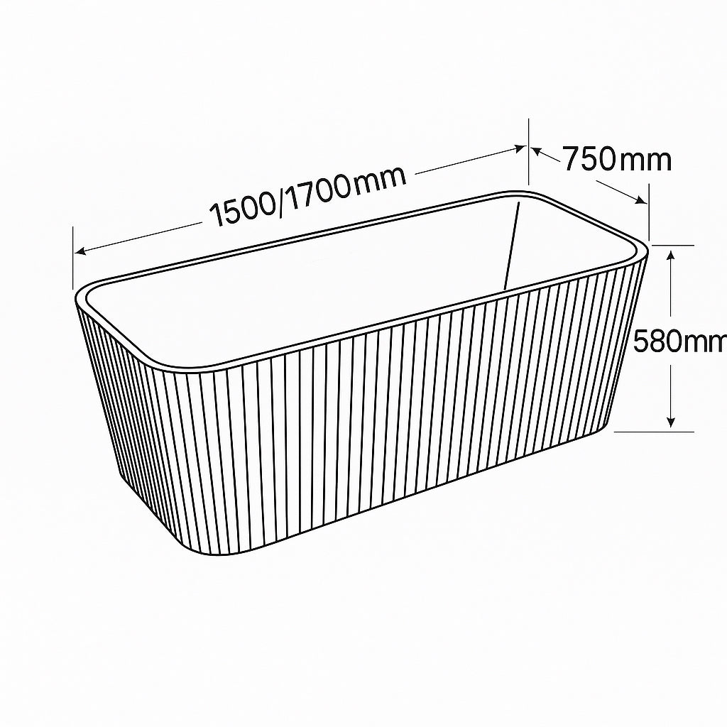 Sunny 110 1500–1700×750×580mm Fluted Gloss White / Gloss Black Rectangle Acrylic Freestanding Bathtub