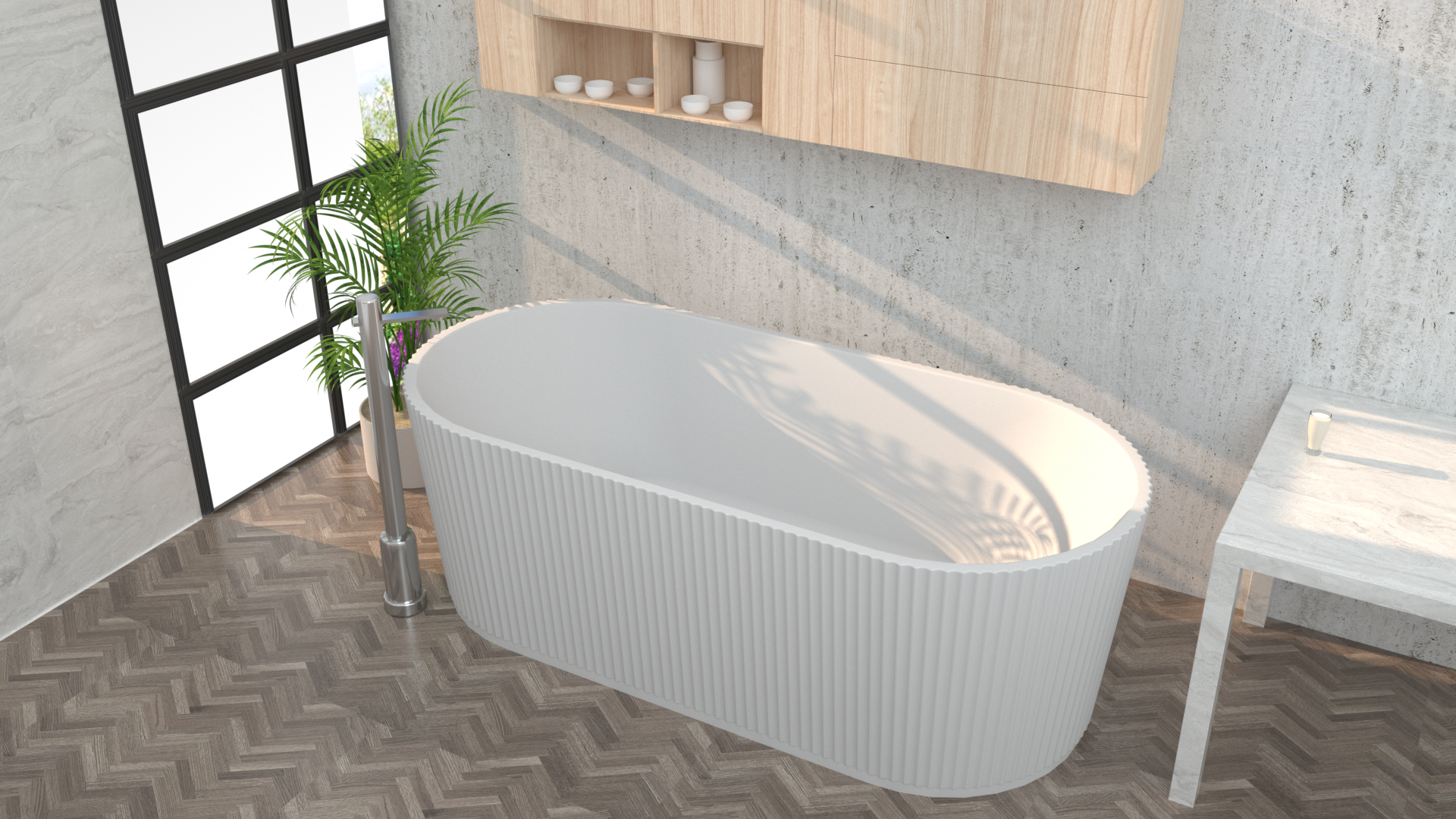 SUNNY 715 Fluted Gloss White & Matte White Oval Acrylic Freestanding Bathtub – | Available in 1500mm & 1700mm