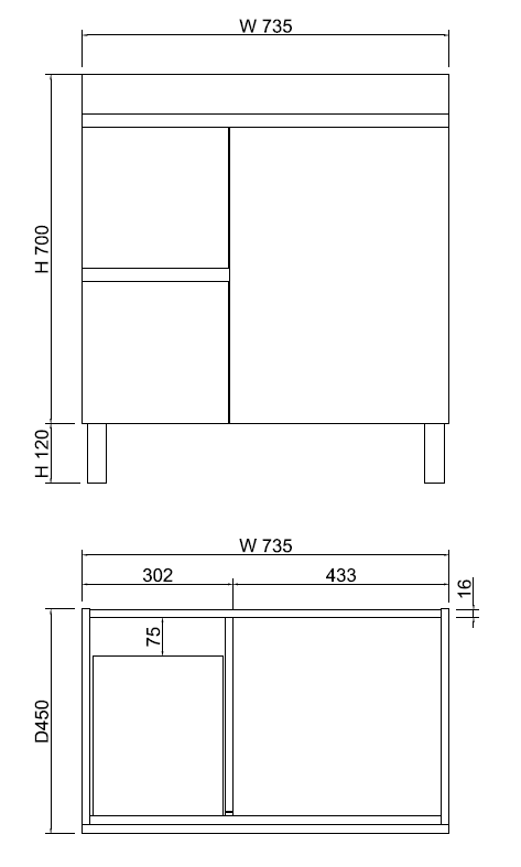 ABS Less Freestanding Vanity – Gloss White With Kickboard | 600–1500mm