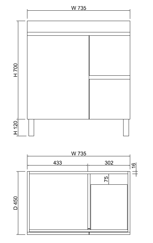 ABS Less Freestanding Vanity – Gloss White With Kickboard | 600–1500mm