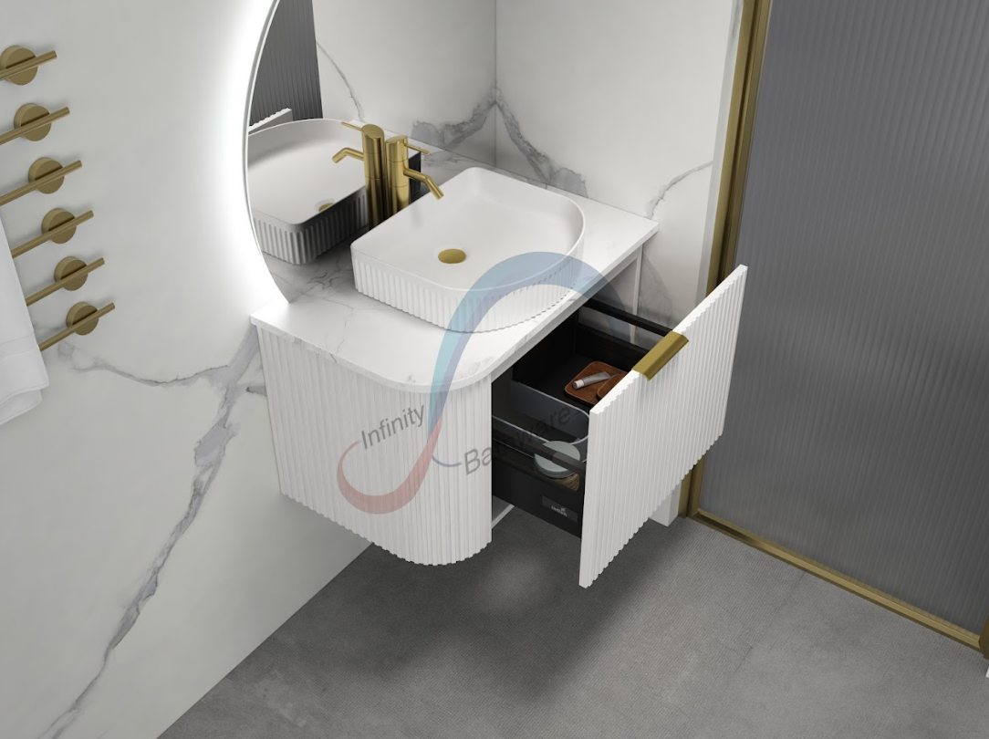 INFINITY Rio Right Corner Fluted Wall Hung Vanity – Matte White | 600–1500mm