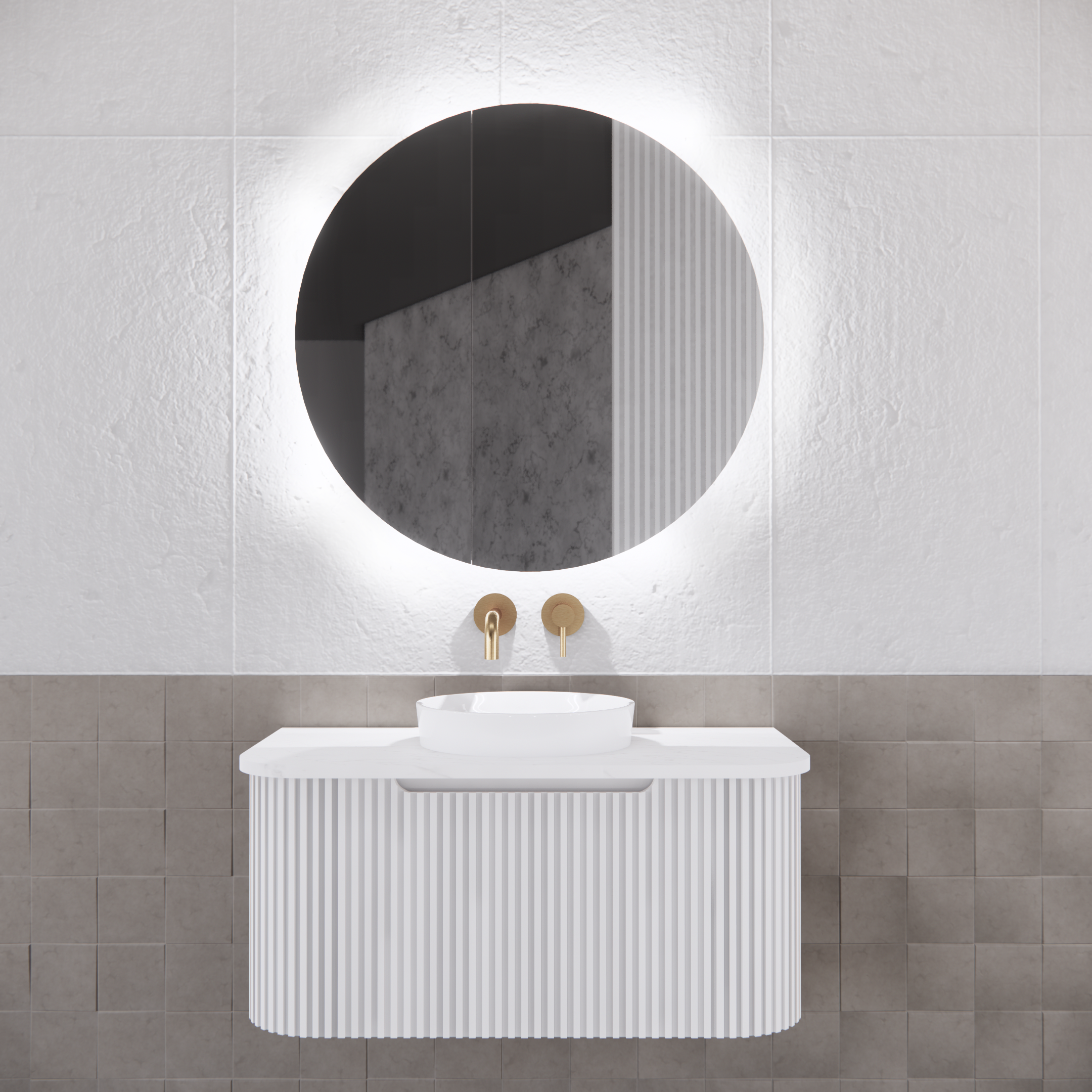 Modern white fluted bathroom vanity with round LED mirror from Secasa Home
