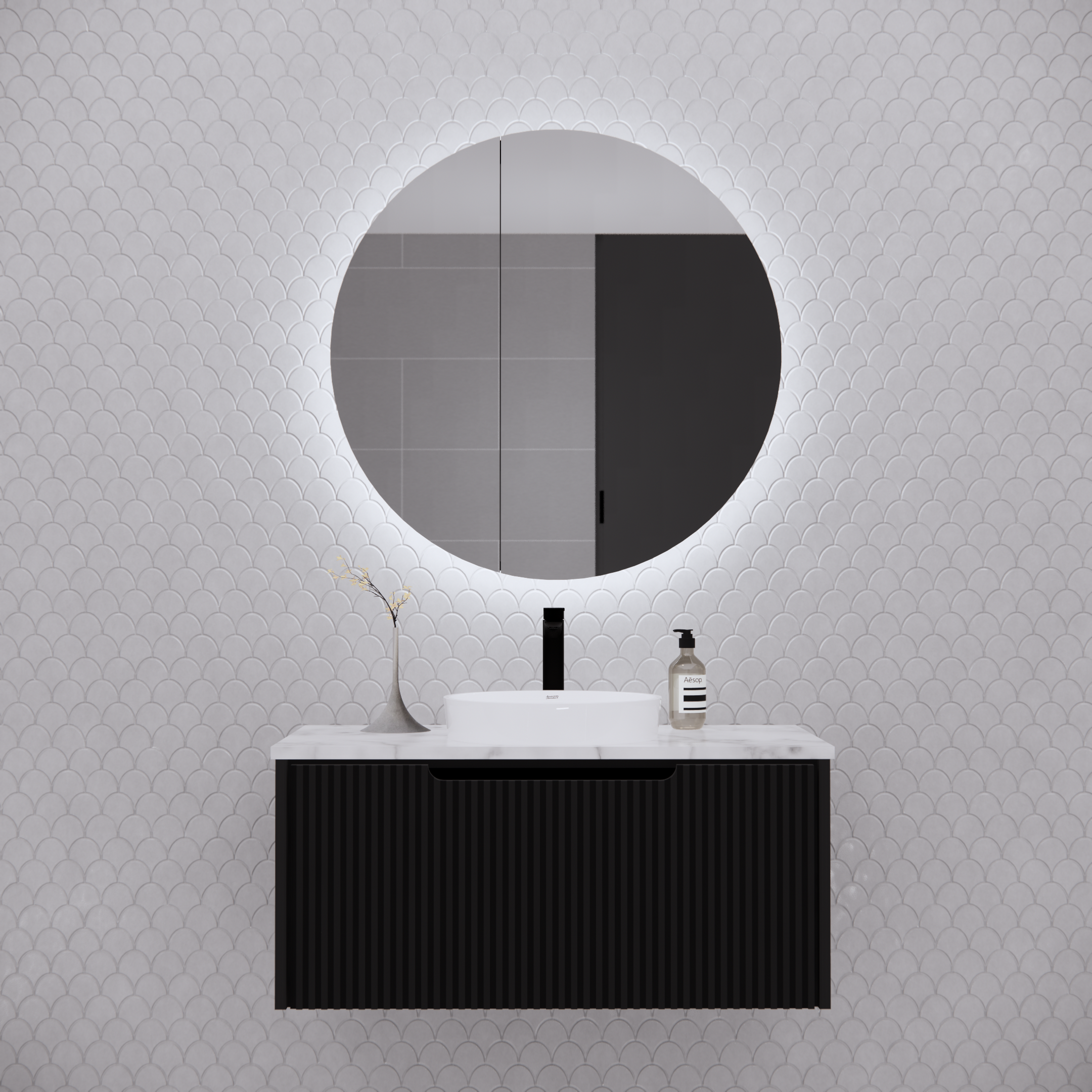 Modern black fluted bathroom vanity with round LED mirror and white tile wall from Secasa Home.