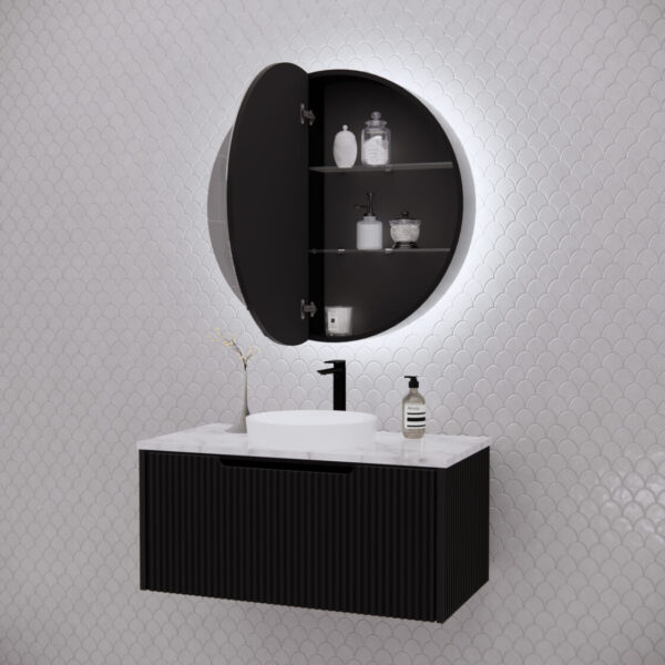 Modern black bathroom vanity with round LED mirror cabinet, white basin, and tile wall