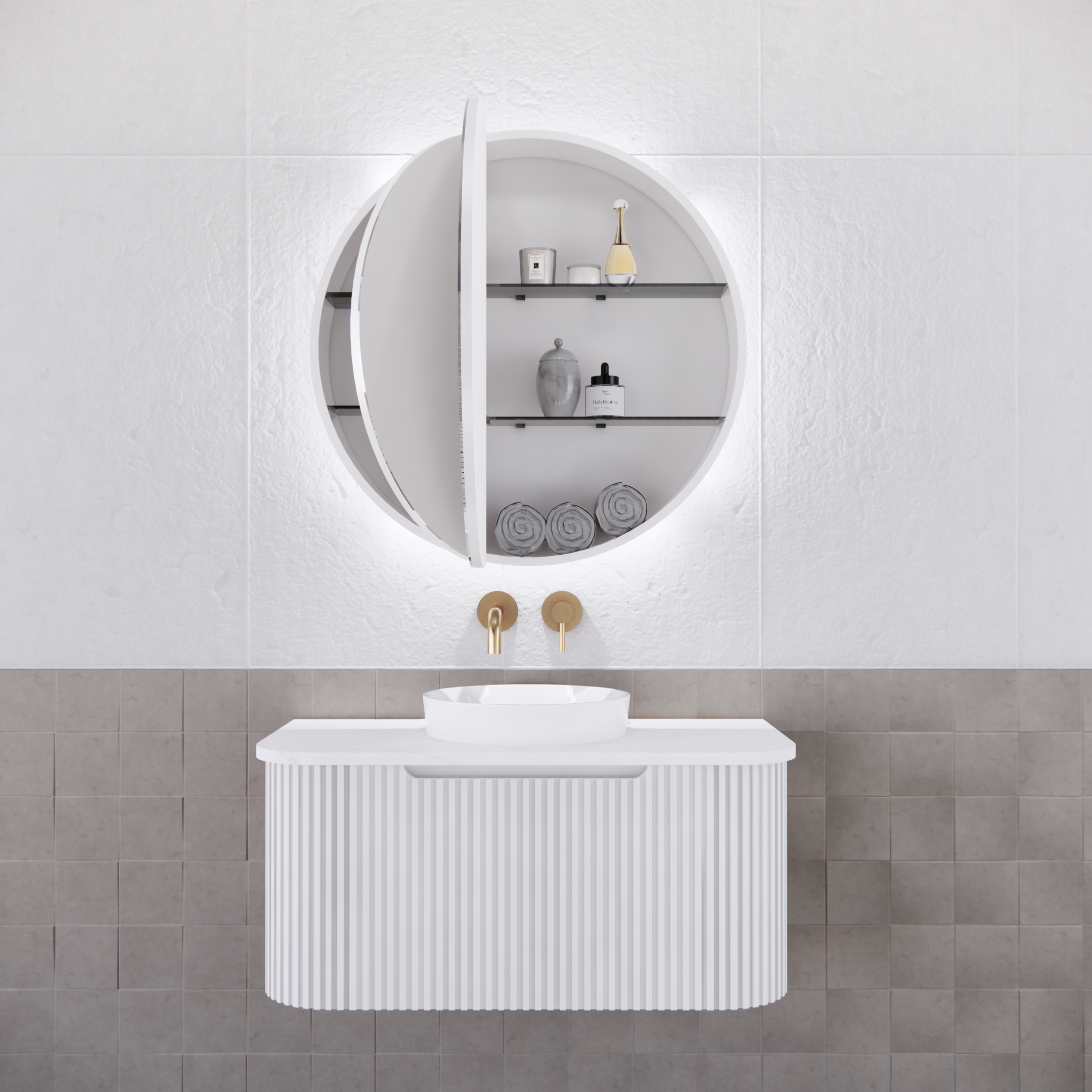 Modern bathroom vanity with fluted white cabinet, gold tapware, and round LED mirror cabinet