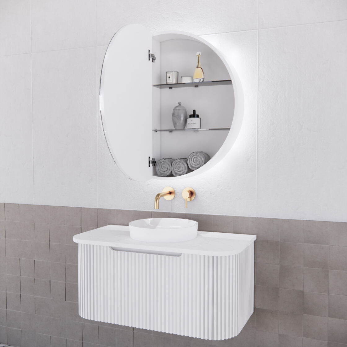 Modern bathroom vanity with white fluted cabinet, round LED mirror cabinet, gold tapware