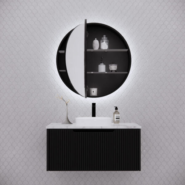 Modern black bathroom vanity with round LED mirror cabinet from Secasa Home