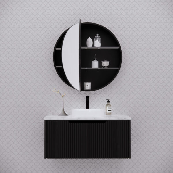 RIVA London Round 800x800mm Shaving Cabinet – Matte White / Matte Black
