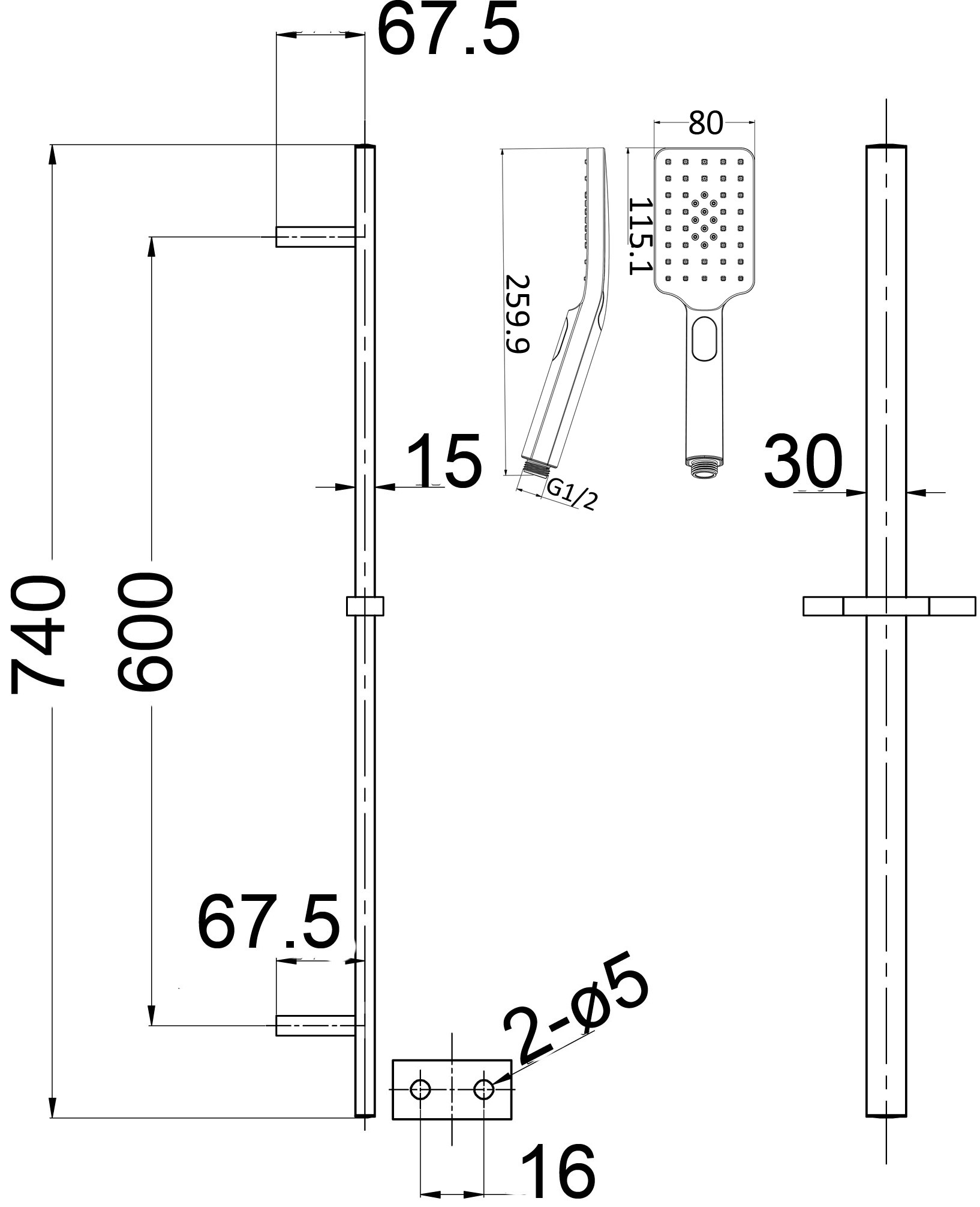 ACL Eden Square Sliding Rail Shower | Chrome, Brushed Nickel, Gun Metal, Matt Black, Brushed Gold