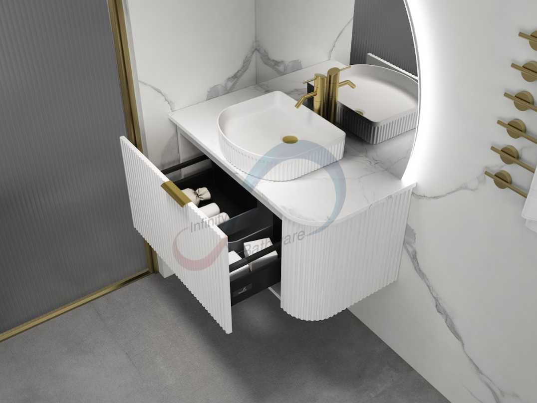 INFINITY Rio Left Corner Fluted Wall Hung Vanity – Matte White | 600–1500mm