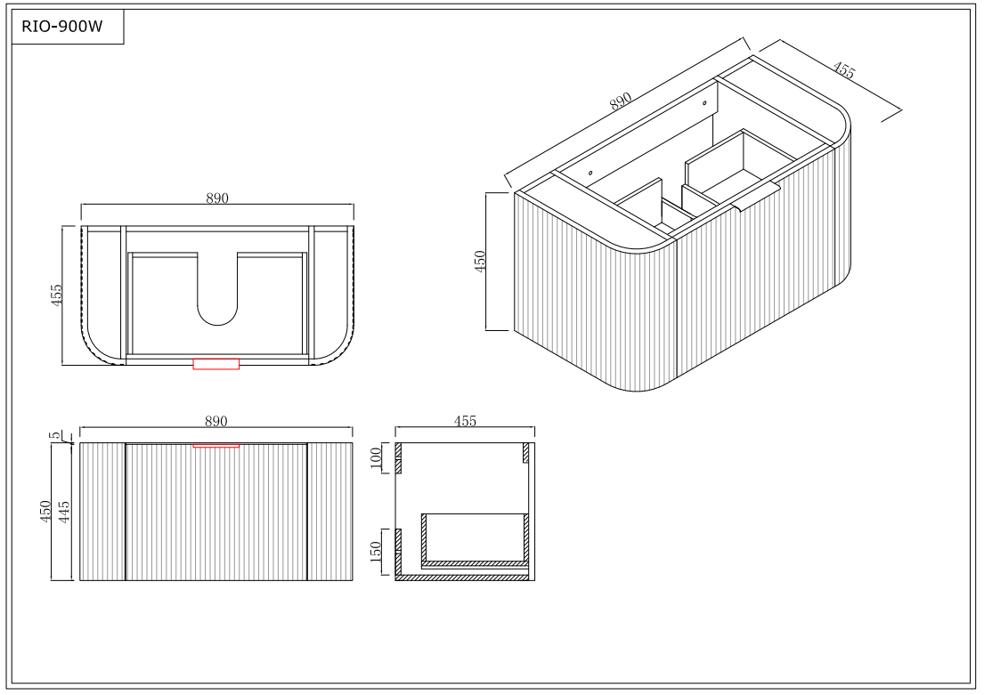 INFINITY RIO Matt Black Curved Fluted Wall Hung Vanity ALL SIZE