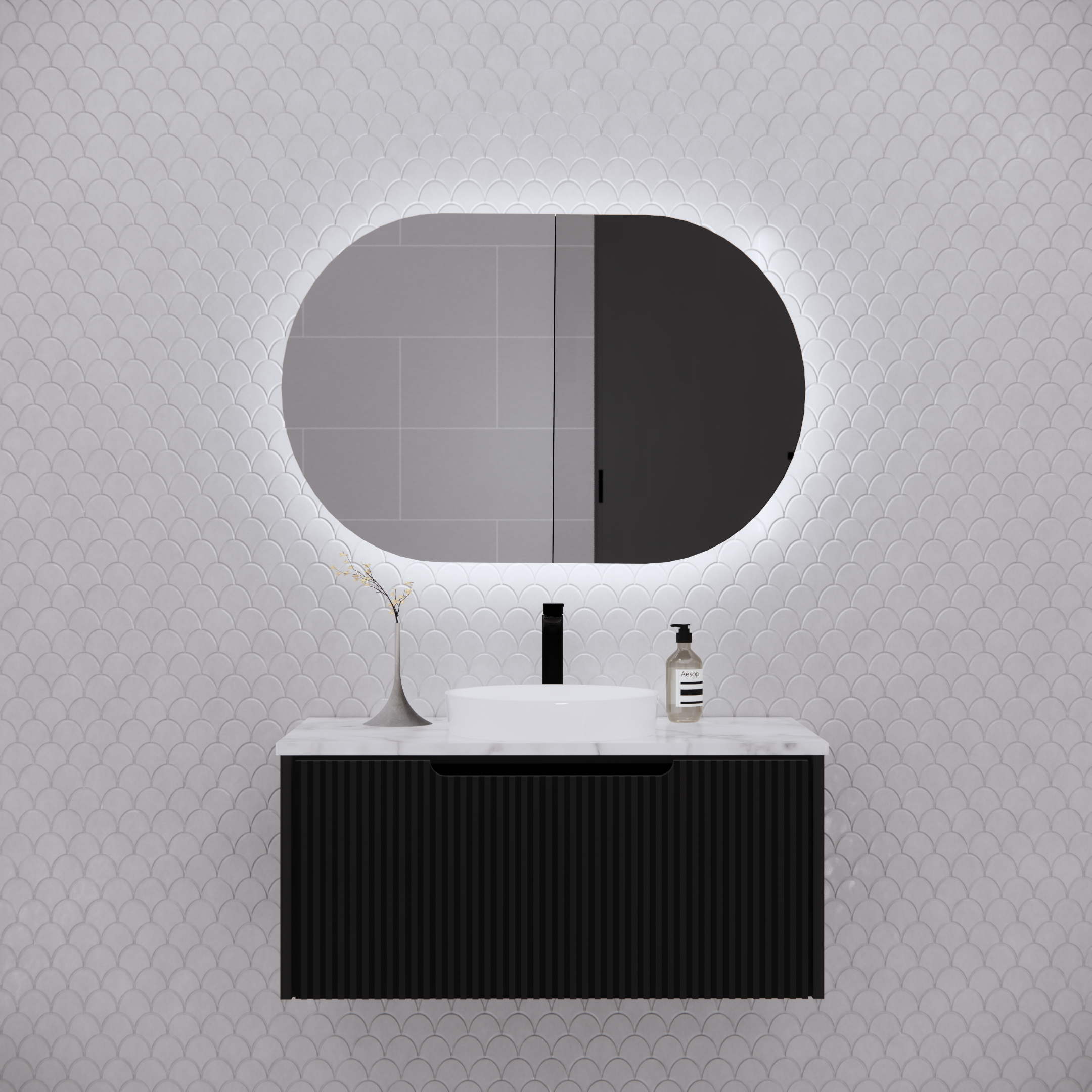 RIVA Paris LED Oval 870×600mm Shaving Cabinet l Matt Black/Matt White