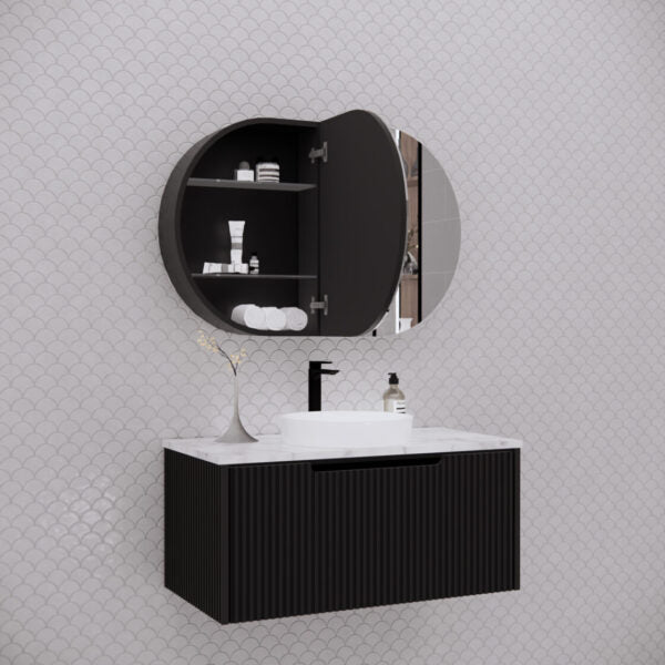 RIVA London Oval 870×600mm Shaving Cabinet l Matt Black/Matt White