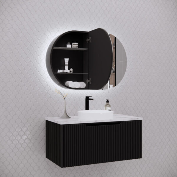 RIVA Paris LED Oval 870×600mm Shaving Cabinet l Matt Black/Matt White