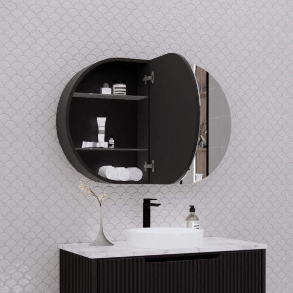 RIVA London Oval 870×600mm Shaving Cabinet l Matt Black/Matt White
