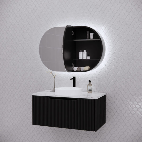 RIVA Paris LED Oval 870×600mm Shaving Cabinet l Matt Black/Matt White