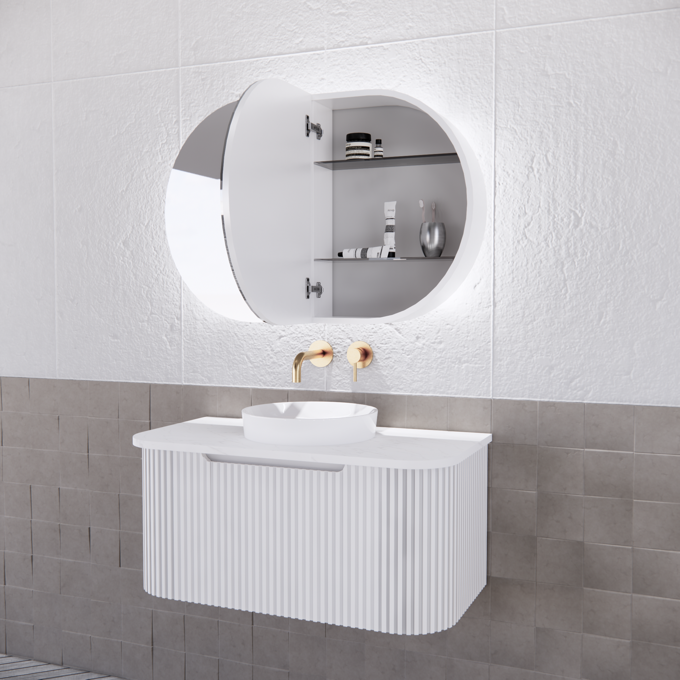 RIVA Paris LED Oval 870×600mm Shaving Cabinet l Matt Black/Matt White