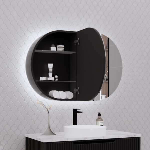 RIVA Paris LED Oval 870×600mm Shaving Cabinet l Matt Black/Matt White