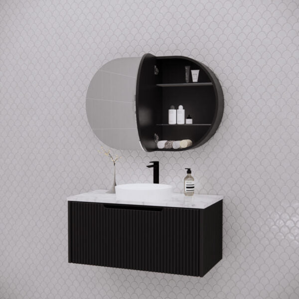 RIVA London Oval 870×600mm Shaving Cabinet l Matt Black/Matt White
