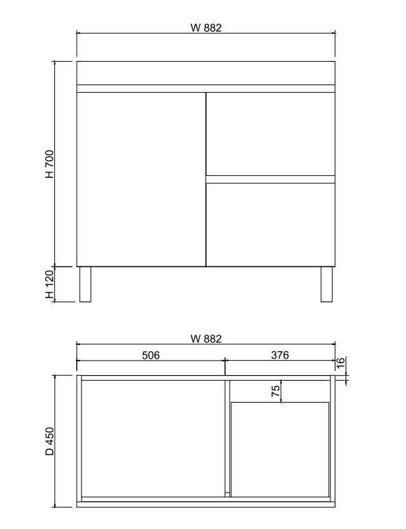ABS Less Freestanding Vanity – Gloss White With Legs | 600–1500mm