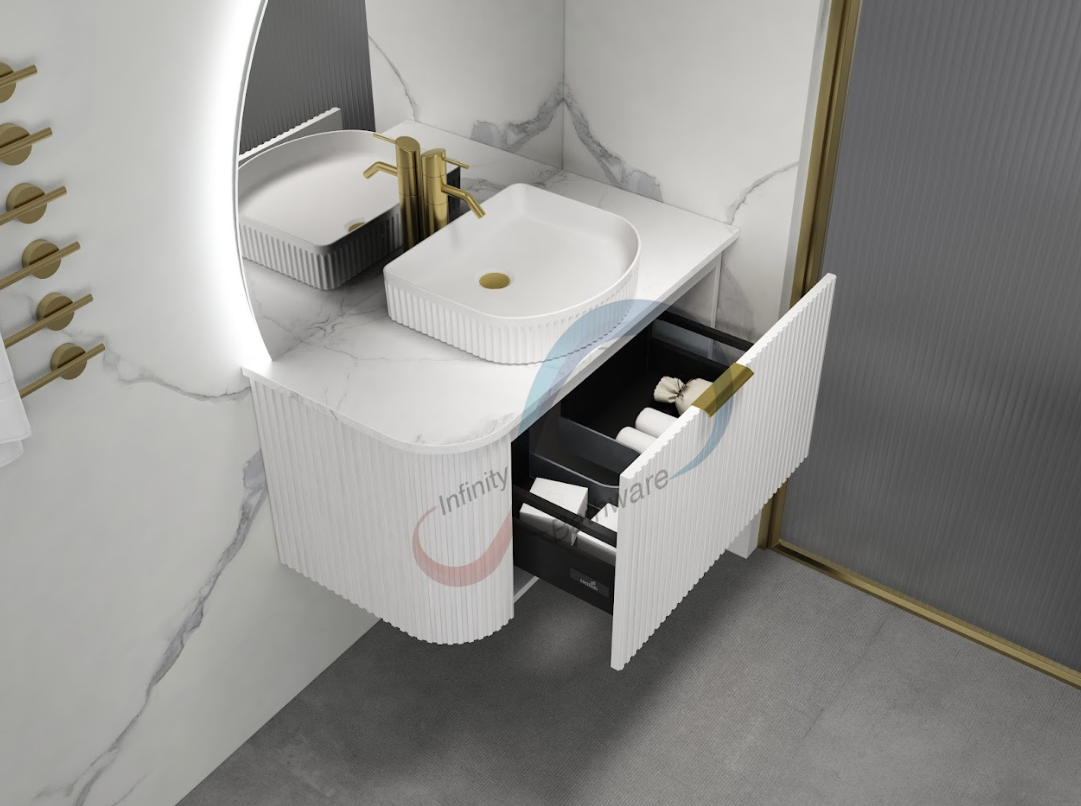 INFINITY Rio Right Corner Fluted Wall Hung Vanity – Matte White | 600–1500mm