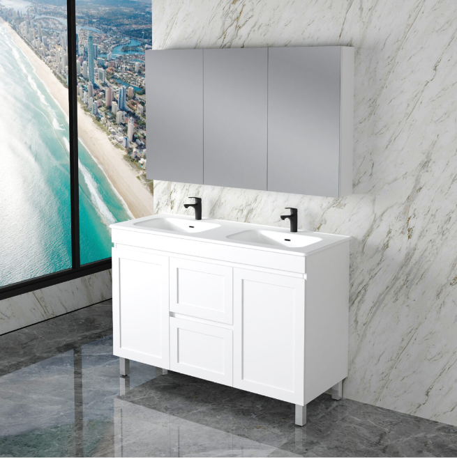 ABS MIAMI Freestanding Vanity with Legs – Matt White Shaker | 600–1500mm