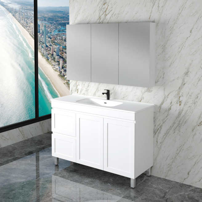 ABS MIAMI Freestanding Vanity with Legs – Matt White Shaker | 600–1500mm