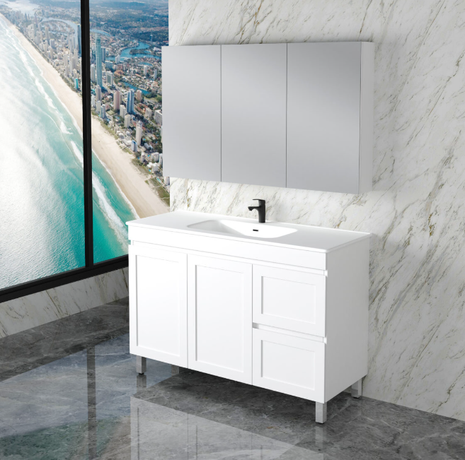 ABS MIAMI Freestanding Vanity with Legs – Matt White Shaker | 600–1500mm