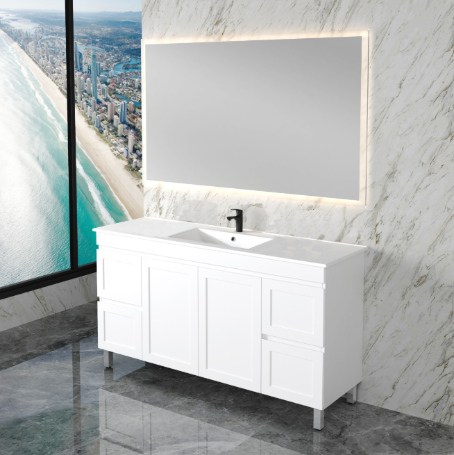 ABS MIAMI Freestanding Vanity with Legs – Matt White Shaker | 600–1500mm
