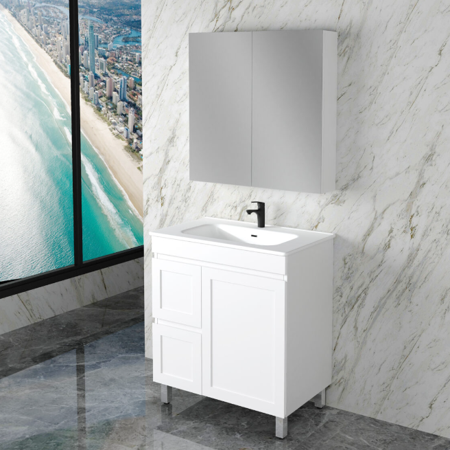 ABS MIAMI Freestanding Vanity with Legs – Matt White Shaker | 600–1500mm
