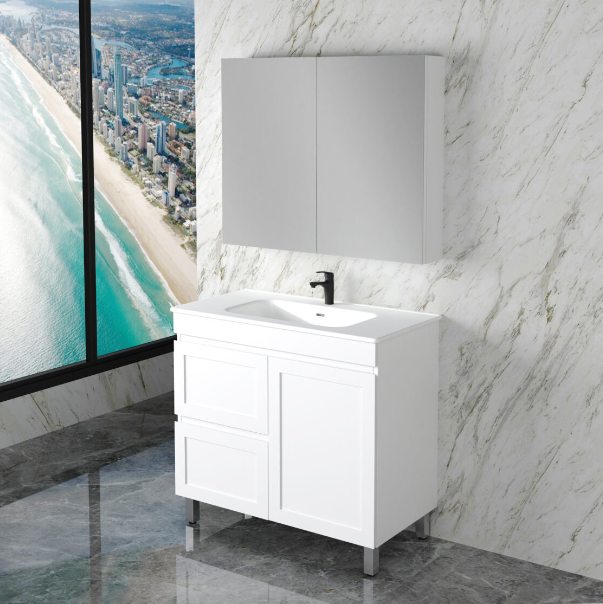 ABS MIAMI Freestanding Vanity with Legs – Matt White Shaker | 600–1500mm