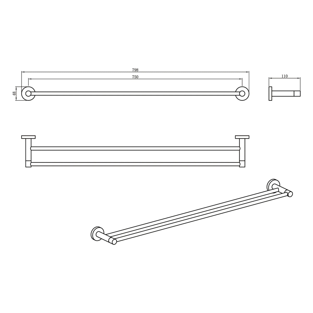 Technical dimension diagram for Amoza 800mm Double Towel Rail AC201 series