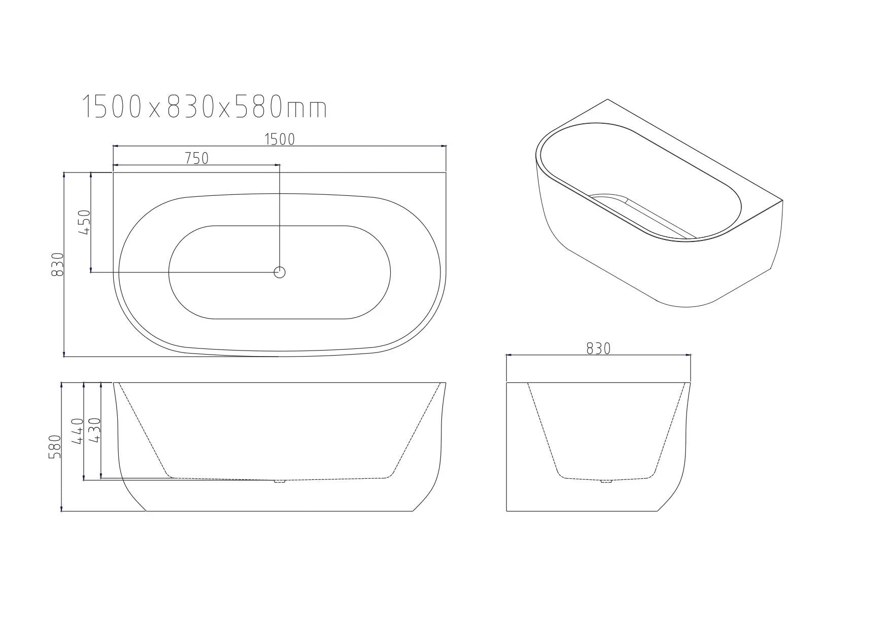 Mercio Anna Back-to-Wall Freestanding Bathtub – Gloss White Acrylic Oval with Overflow (1500–1700mm)