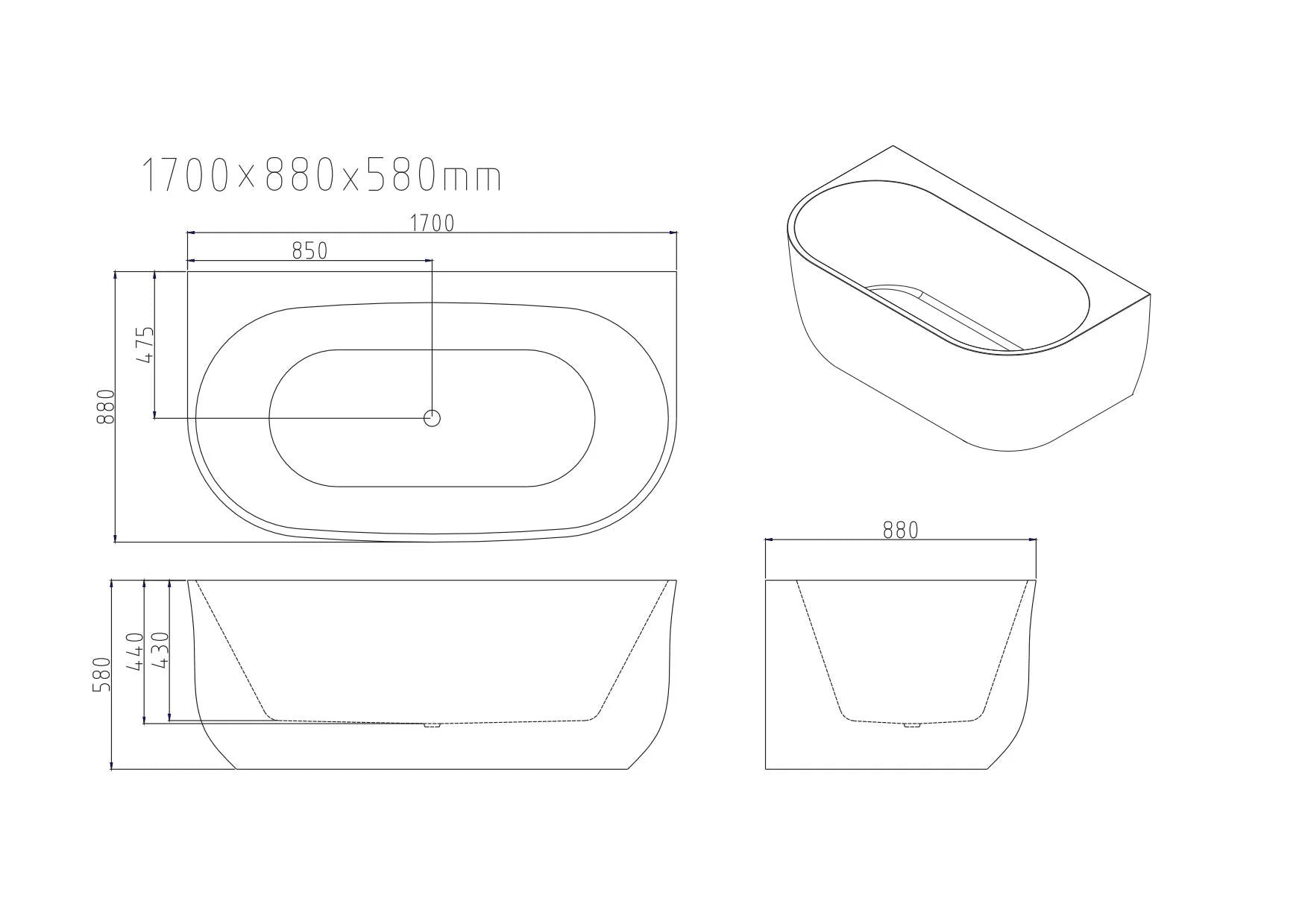 Mercio Anna Back-to-Wall Freestanding Bathtub – Gloss White Acrylic Oval with Overflow (1500–1700mm)