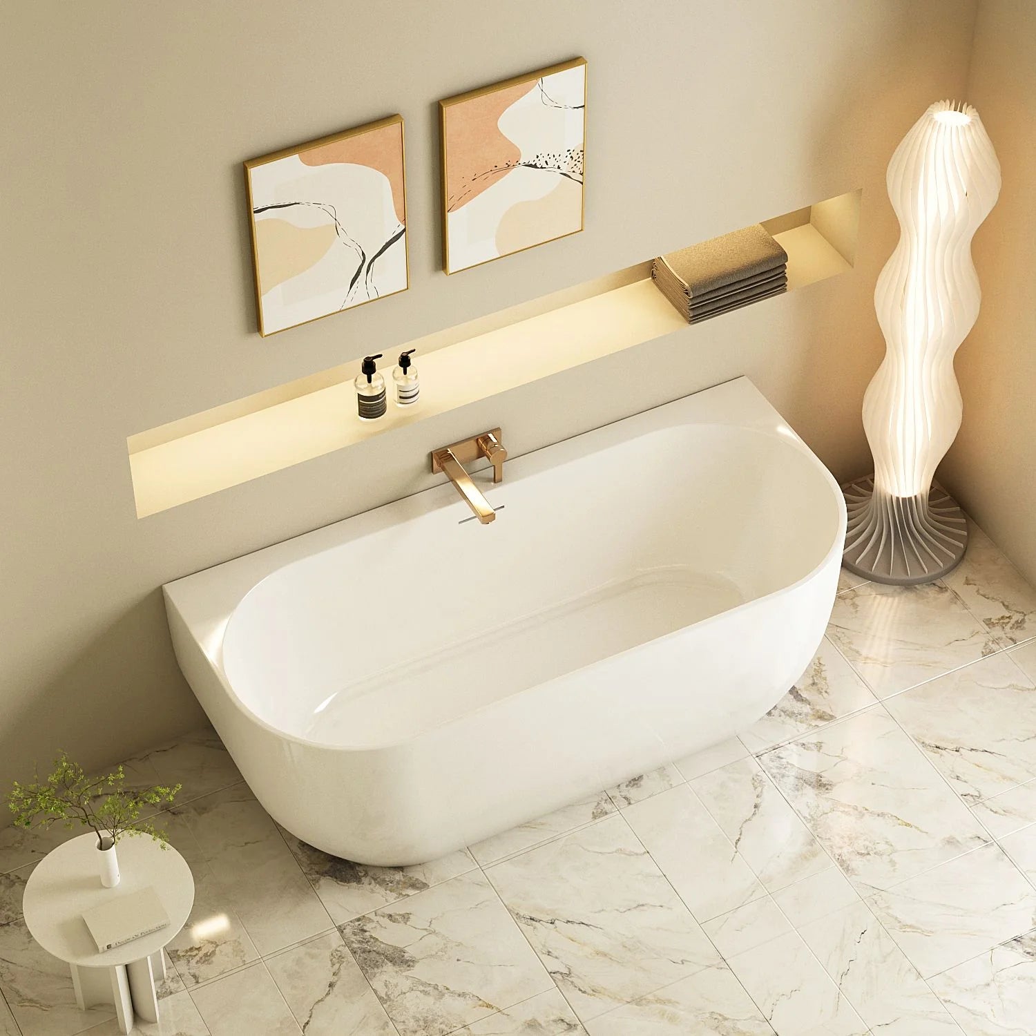 Mercio Anna Back-to-Wall Freestanding Bathtub – Gloss White Acrylic Oval with Overflow (1500–1700mm)