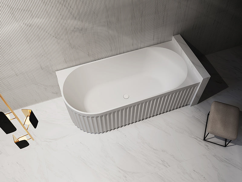 Modern freestanding white bathtub with fluted design in contemporary bathroom, Secasa Home