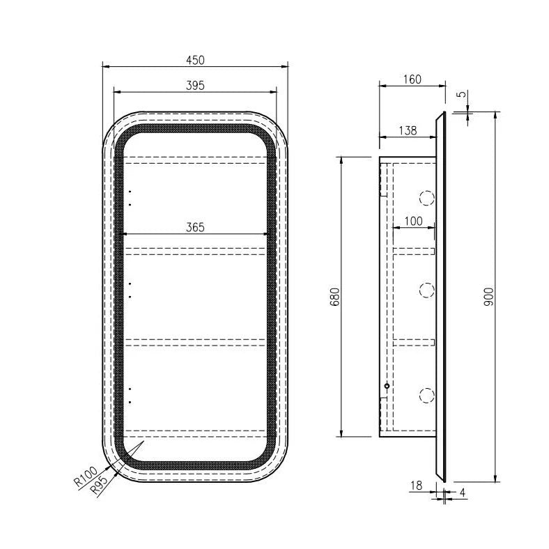Rectangular wall mirror technical drawing with dimensions, ideal for modern bathroom vanity by Secasa Home.