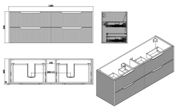 RIVA Bali Wall Hung Vanity – Brown Oak Fluted | 600–1500mm