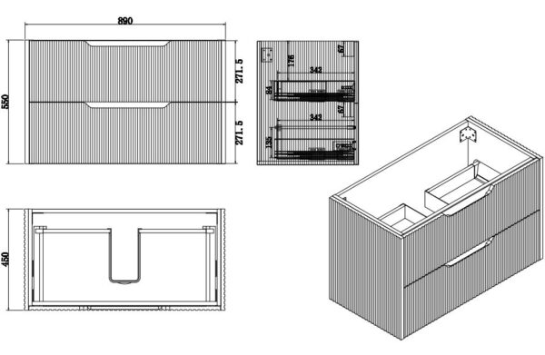 RIVA Bali Wall Hung Vanity – Brown Oak Fluted | 600–1500mm