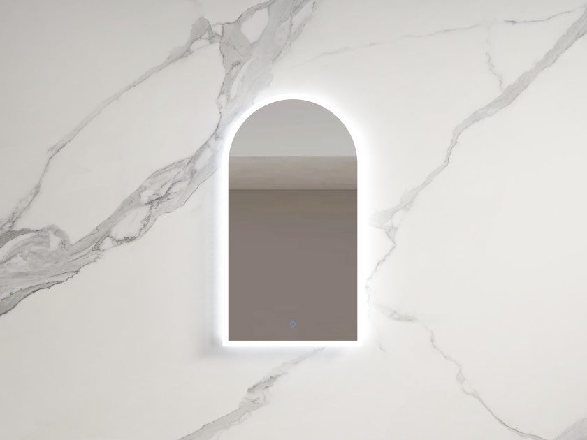 Arched LED bathroom mirror on marble wall, modern Secasa Home vanity decor