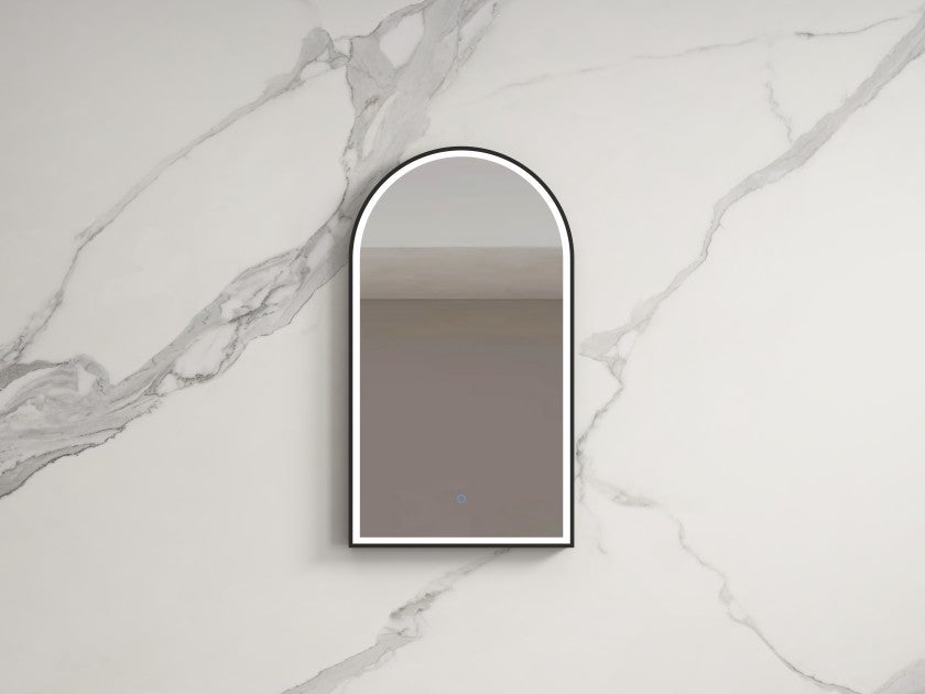 Infinity Bianco Arched LED Mirror – Matt Black / Brushed Gold / Frameless (500 × 900mm)