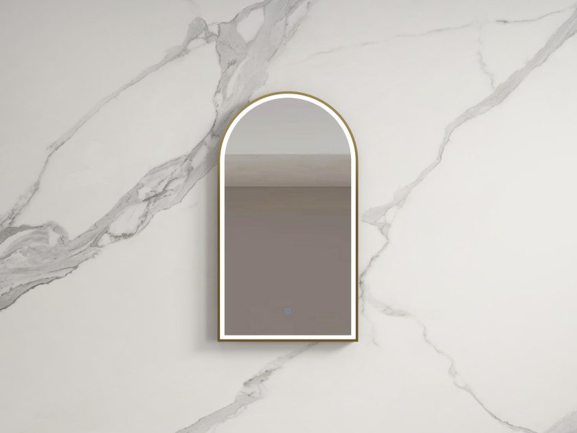 Arched LED bathroom mirror with gold frame on marble wall, Secasa Home vanity decor