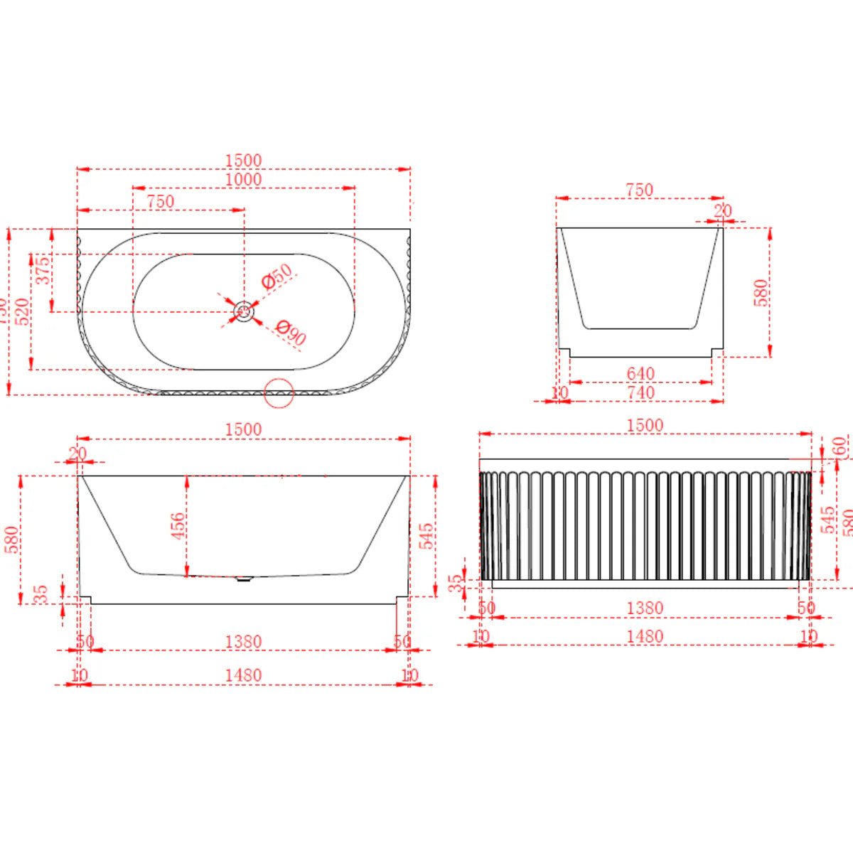 INFINITY Artemis Back-to-Wall Matte White Acrylic Freestanding Bathtub | Available in 1500mm & 1700mm