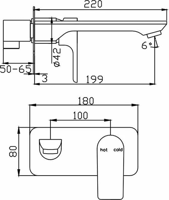 Technical drawing of a modern bathroom wall mixer tap with precise measurements, Secasa Home