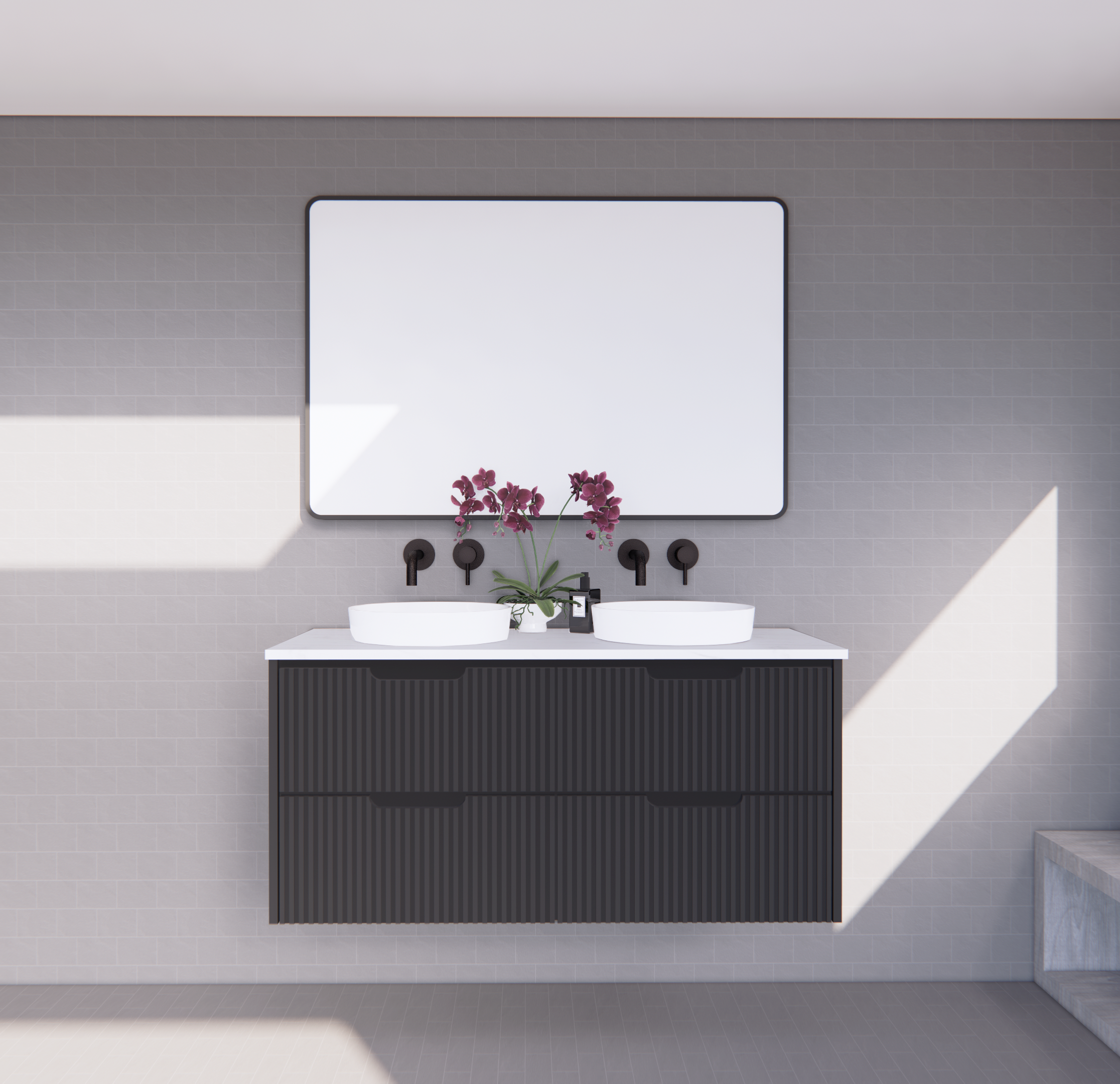 RIVA Bali Wall Hung Vanity – Matt Black Fluted | 600–1500mm