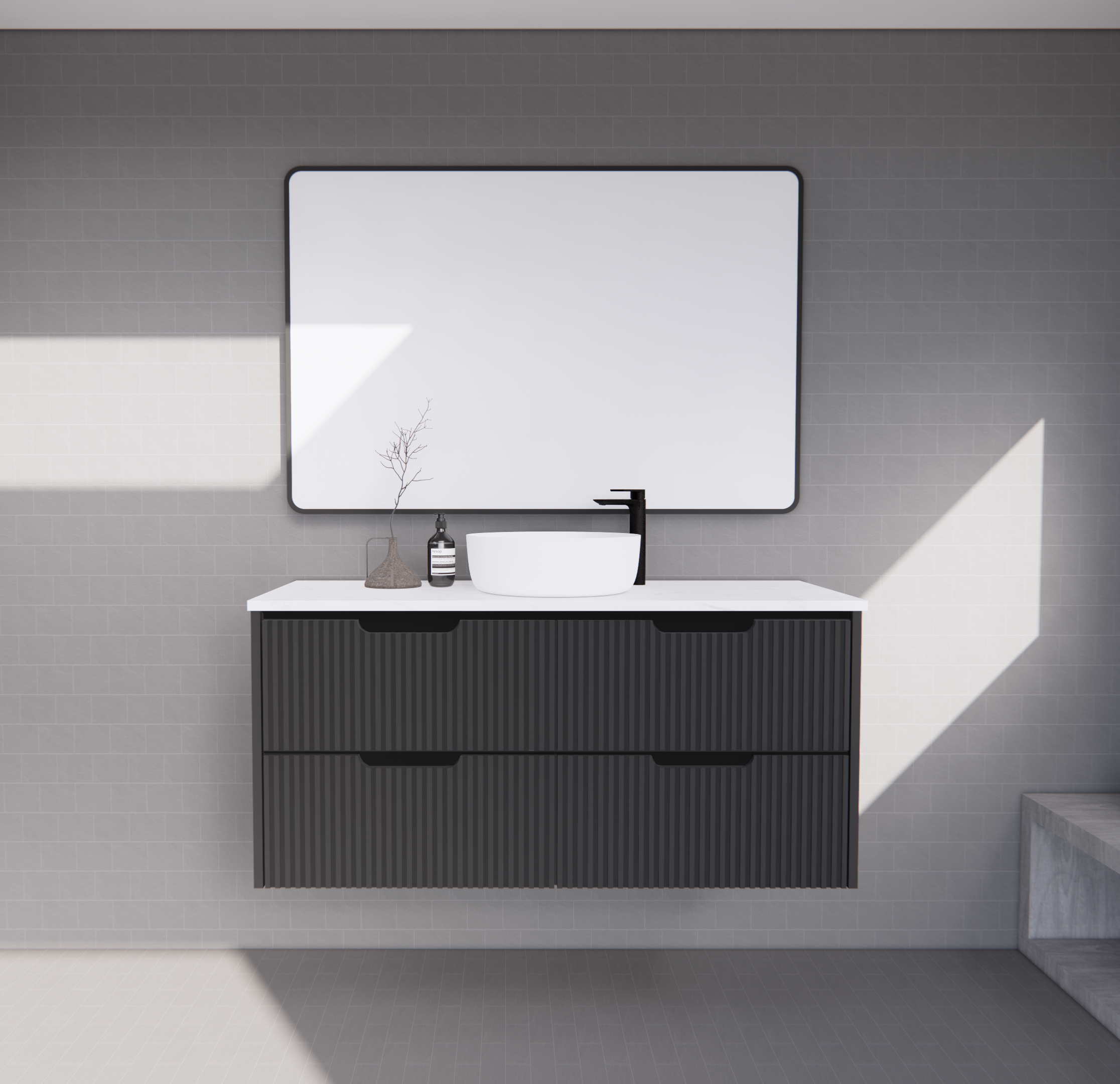 RIVA Bali Wall Hung Vanity – Matt Black Fluted | 600–1500mm