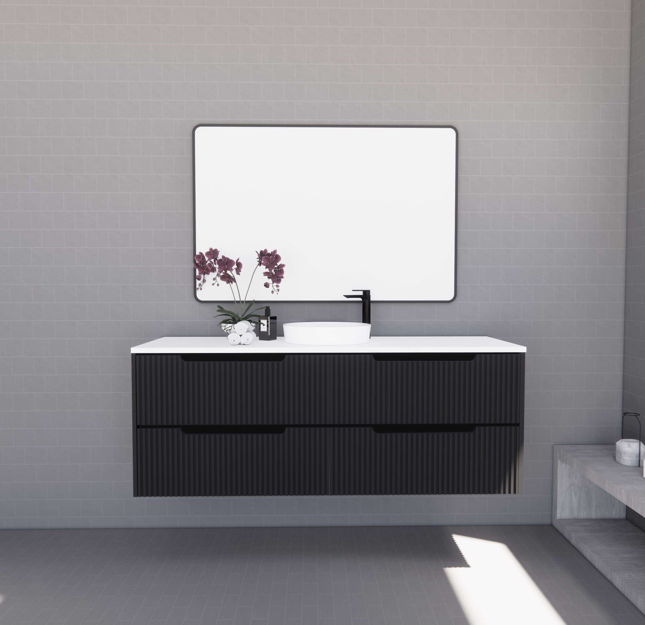 RIVA Bali Wall Hung Vanity – Matt Black Fluted | 600–1500mm