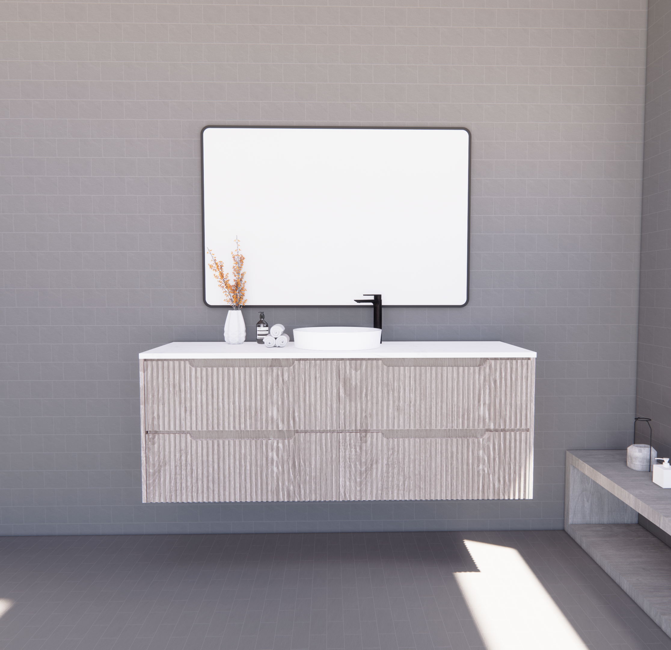 RIVA Bali Wall Hung Vanity – White Oak Fluted | 600–1500mm